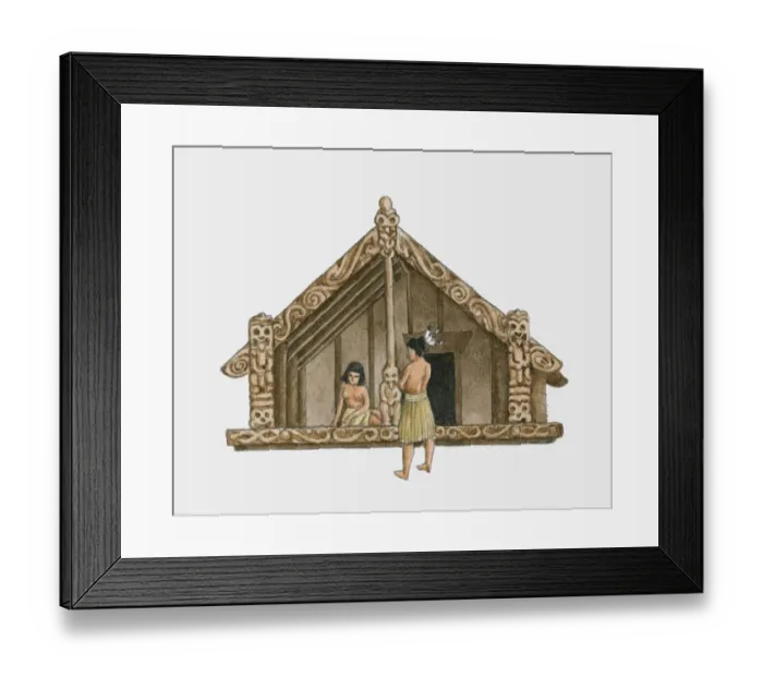 Framed Print : Illustration of two people in front of 16th century Maori house Framed Print : Illustration of two people in front of 16th century Maori house