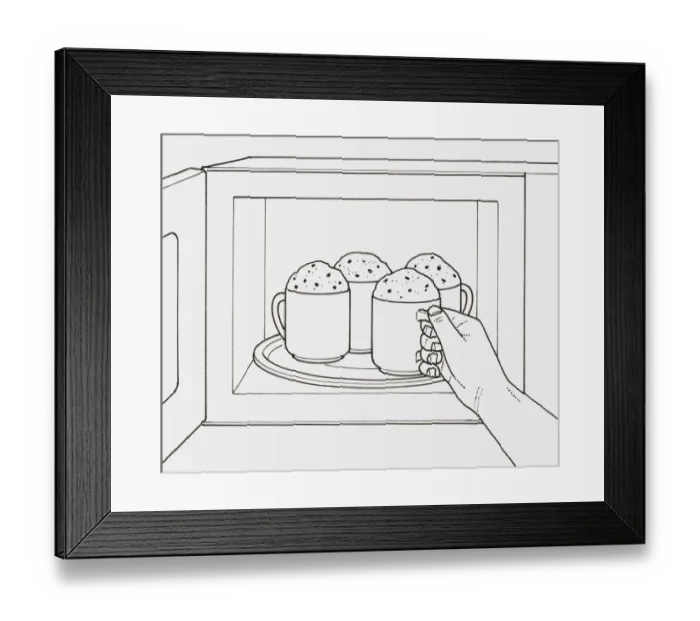 Framed Print : Black and white illustration of removing mug of frothy milk from microwave Framed Print : Black and white illustration of removing mug of frothy milk from microwave
