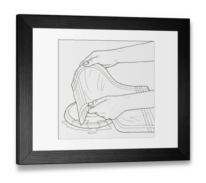 Framed Print : Black and white illustration of removing burnt food from electric hob using damp tea towel