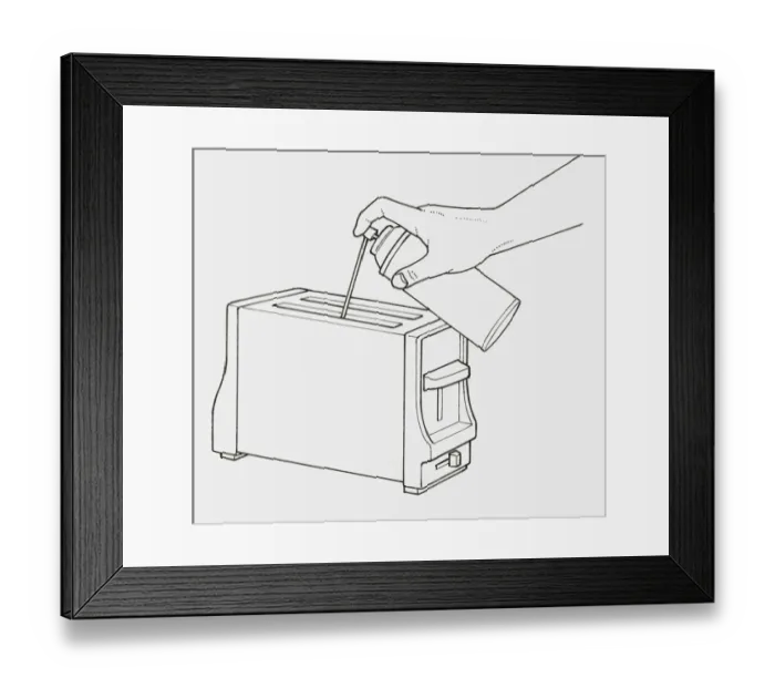 Framed Print : Black and white illustration of using compressed air spray to blow crumbs from toaster Framed Print : Black and white illustration of using compressed air spray to blow crumbs from toaster
