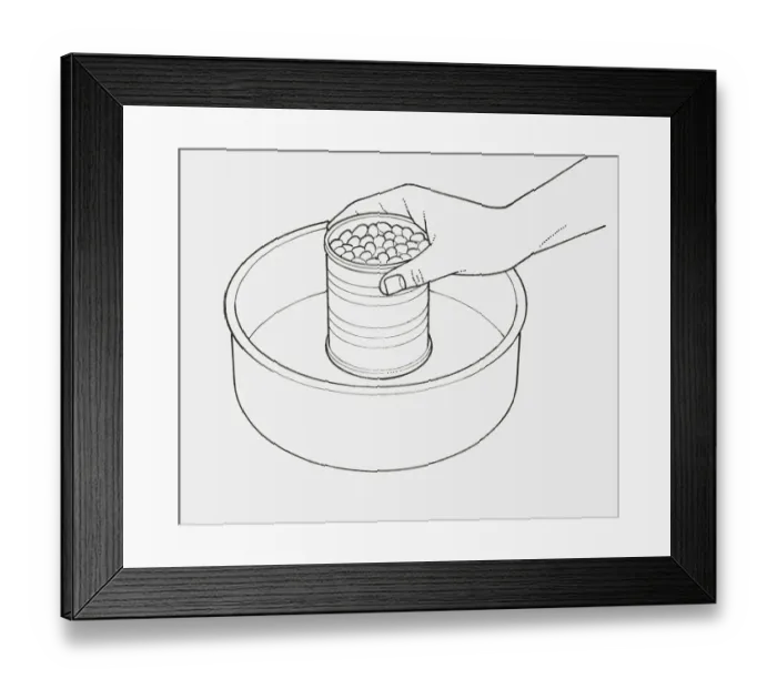 Framed Print : Black and white illustration of hand holding tin of beans in middle of cake tin Framed Print : Black and white illustration of hand holding tin of beans in middle of cake tin