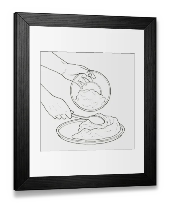 Framed Print : Black and white illustration of using wooden spoon to spread mixture on plate Framed Print : Black and white illustration of using wooden spoon to spread mixture on plate