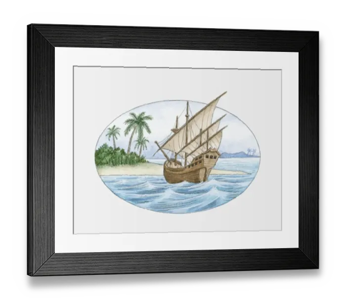 Framed Print : Illustration of 16th Century ship in sea near island Framed Print : Illustration of 16th Century ship in sea near island