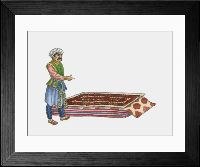 Framed Print : Illustration of Safavid man pointing at stack of Persian carpets Framed Print : Illustration of Safavid man pointing at stack of Persian carpets