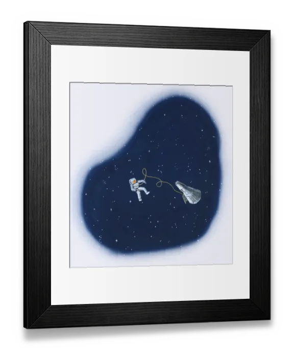 Framed Print : Illustration of astronaut floating in space attached to space vehicle Framed Print : Illustration of astronaut floating in space attached to space vehicle