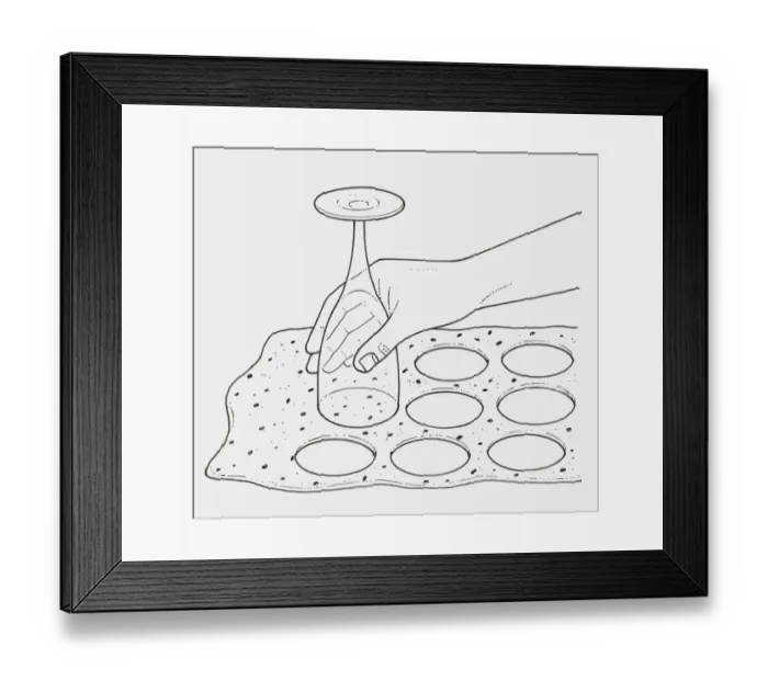 Framed Print : Black and white illustration of using upturned wine glass to cut pastry Framed Print : Black and white illustration of using upturned wine glass to cut pastry