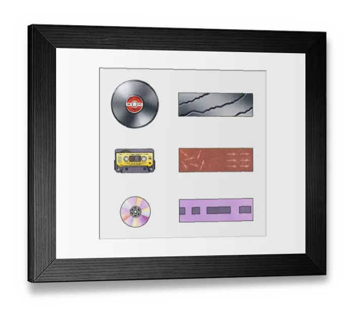 Framed Print : Illustration of record, cassette tape and compact disc with electrical signals used to record music Framed Print : Illustration of record, cassette tape and compact disc with electrical signals used to record music