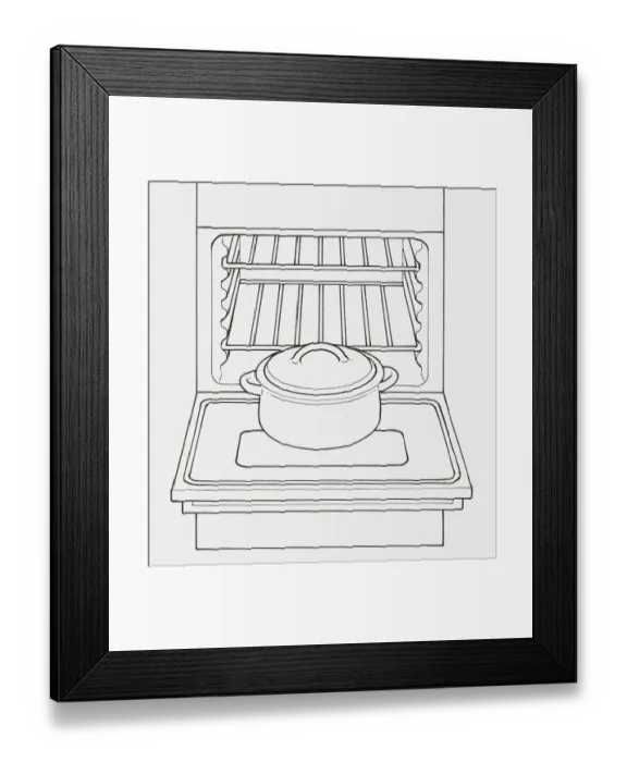 Framed Print : Black and white illustration of casserole dish in front of open oven Framed Print : Black and white illustration of casserole dish in front of open oven