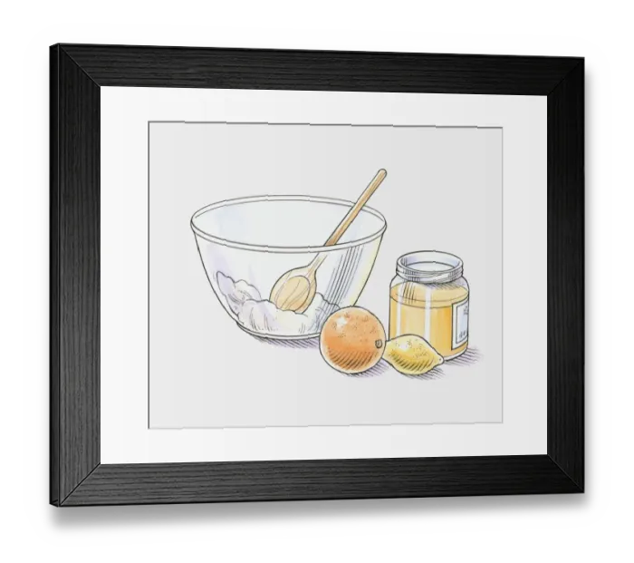 Framed Print : Illustration of ingredients next to mixing bowl Framed Print : Illustration of ingredients next to mixing bowl
