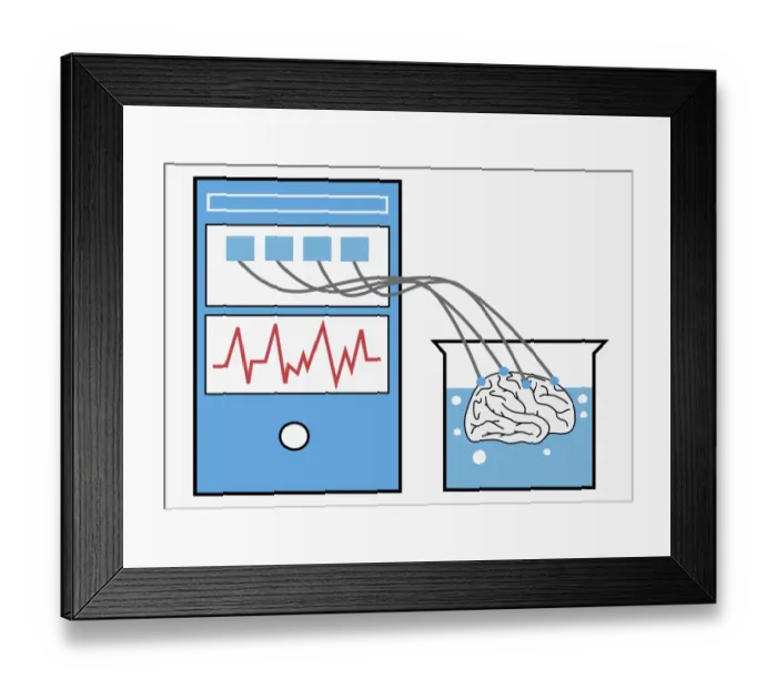 Framed Print : Digital illustration of computer providing stimulation to human brain, and brain experiencing virtual world Framed Print : Digital illustration of computer providing stimulation to human brain, and brain experiencing virtual world