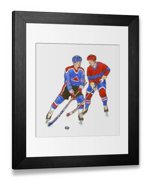 Framed Print : Ice-hockey players with sticks and puck