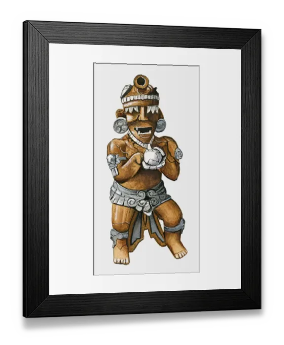 Framed Print : Illustration of Guatemalan pottery incense burner representing Maya god holding human head on plate