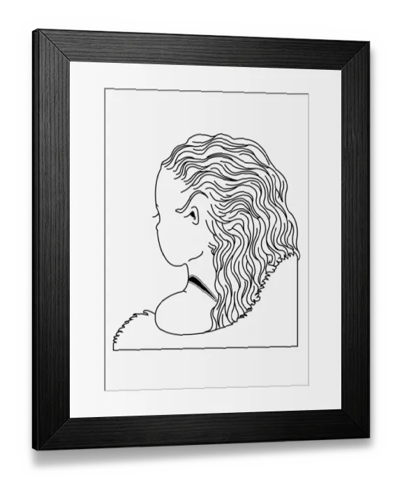 Framed Print : Black and white digital illustration of young girl with long wavy hair Framed Print : Black and white digital illustration of young girl with long wavy hair
