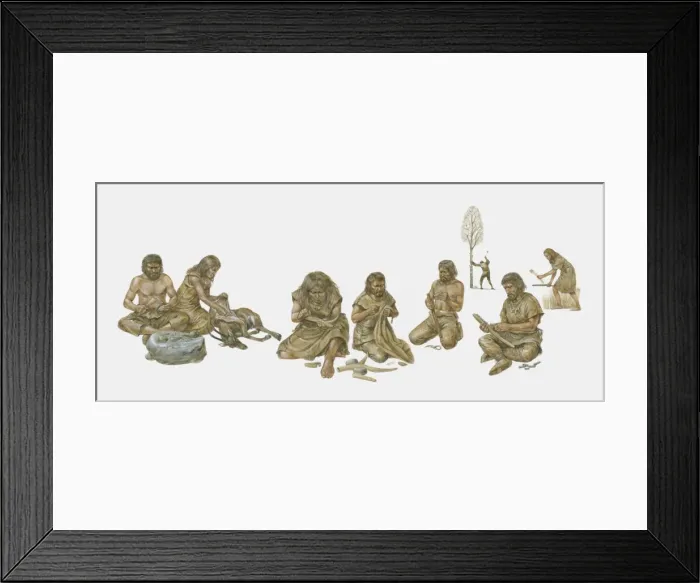 Framed Print : Group of prehistoric people shown making and using primitive tools, including handaxes, burins, flints Framed Print : Group of prehistoric people shown making and using primitive tools, including handaxes, burins, flints