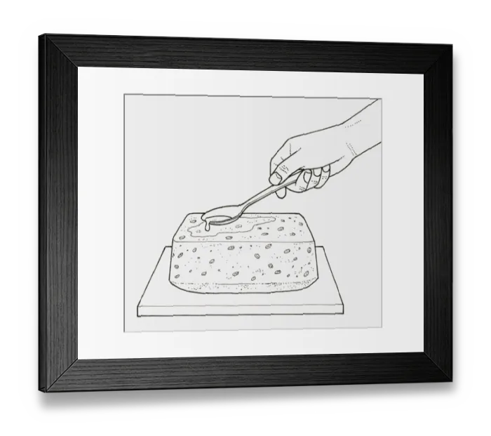 Framed Print : Black and white illustration of spooning syrup on top of baked cake Framed Print : Black and white illustration of spooning syrup on top of baked cake