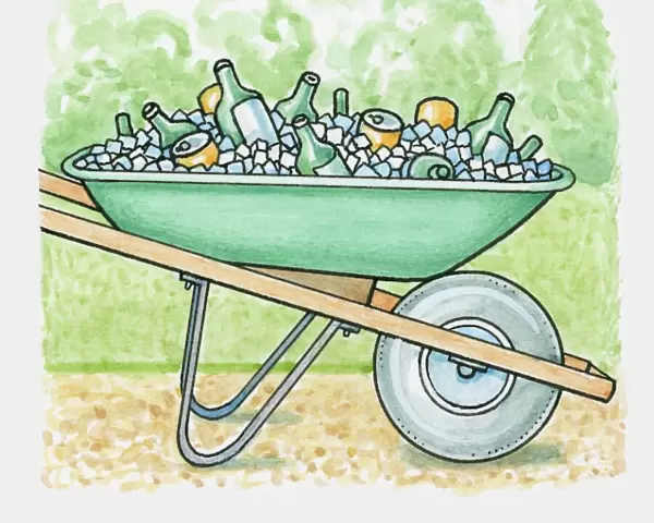 Wheelbarrow filled with ice and drinks in bottles and cans
