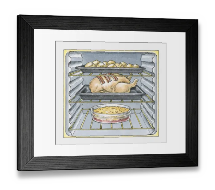 Framed Print : Oven filled with trays of roast potatoes, roast chicken, and crumble pudding Framed Print : Oven filled with trays of roast potatoes, roast chicken, and crumble pudding