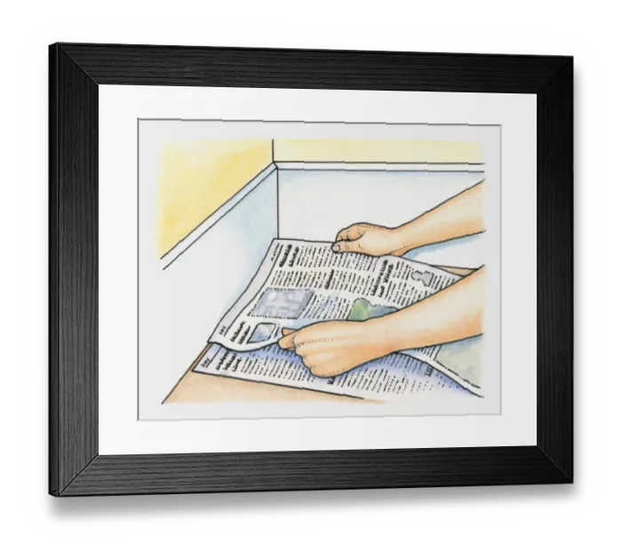 Framed Print : Hands placing layers of newspaper as alternative to underfelt on clean hard floor before laying carpet Framed Print : Hands placing layers of newspaper as alternative to underfelt on clean hard floor before laying carpet