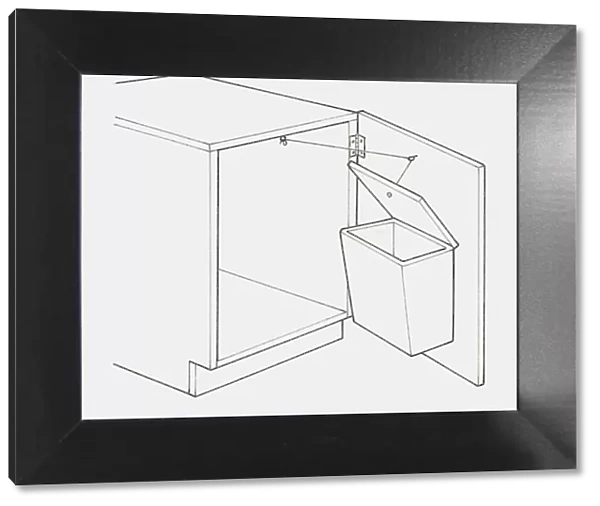 Black and white illustration of plastic waste bin mounted on the inside of a cupboard door, with a pulley system to open the lid