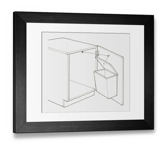 Framed Print : Black and white illustration of plastic waste bin mounted on the inside of a cupboard door, with a pulley system to open the lid Framed Print : Black and white illustration of plastic waste bin mounted on the inside of a cupboard door, with a pulley system to open the lid