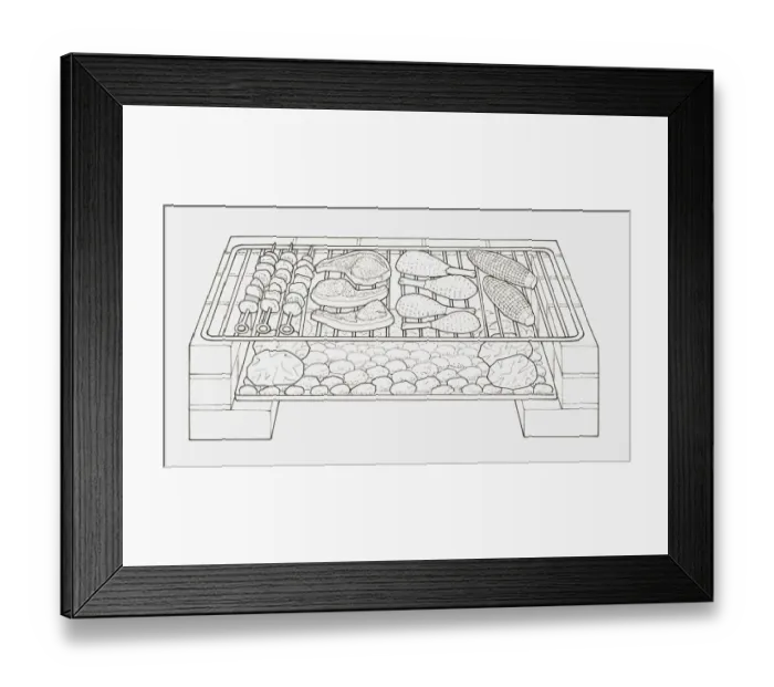Framed Print : Black and white illustration of kebabs, steaks, chicken drumsticks and corn cobs on a grill over hot coals, foil-wrapped potatoes on the embers Framed Print : Black and white illustration of kebabs, steaks, chicken drumsticks and corn cobs on a grill over hot coals, foil-wrapped potatoes on the embers