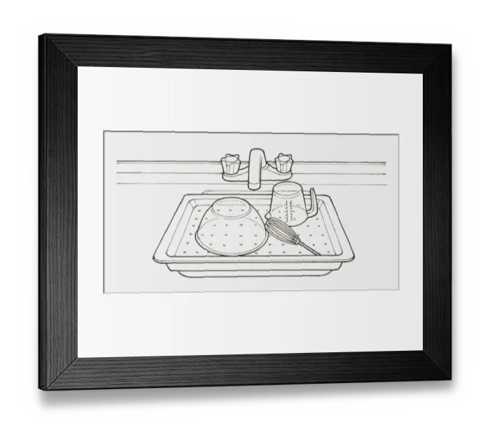 Framed Print : Black and white illustration of a tray with holes in it, placed over sink and used as a drainer Framed Print : Black and white illustration of a tray with holes in it, placed over sink and used as a drainer