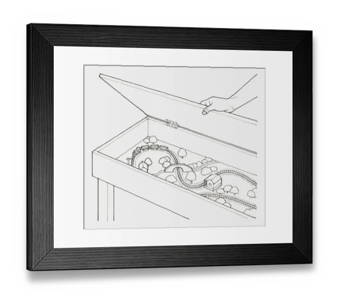 Framed Print : Black and white illustration of hand opening lid of a box containing a train set Framed Print : Black and white illustration of hand opening lid of a box containing a train set