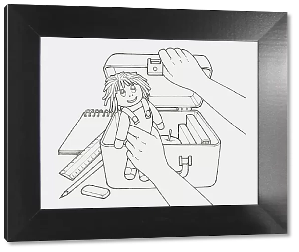 Black and white illustration of childs hand holding doll next to open case filled with books and an apple, stationery nearby