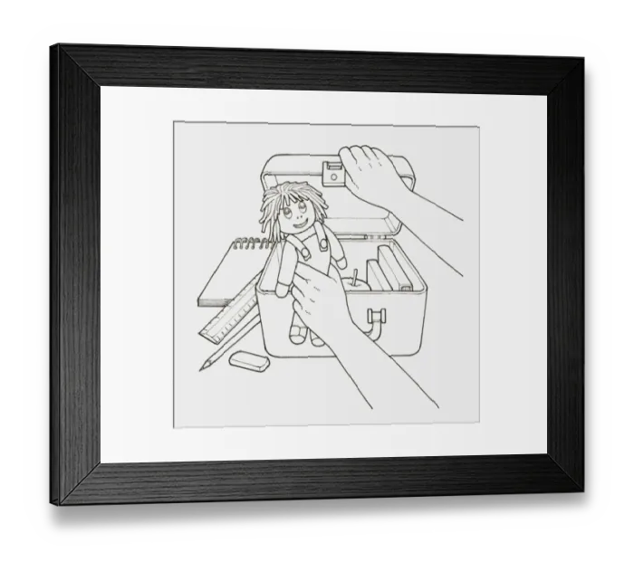 Framed Print : Black and white illustration of childs hand holding doll next to open case filled with books and an apple, stationery nearby