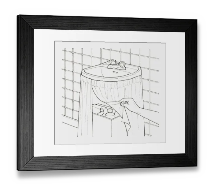 Framed Print : Black and white illustration of hand lifting edge of a curtain hung from a basin, to screen a box of detergents Framed Print : Black and white illustration of hand lifting edge of a curtain hung from a basin, to screen a box of detergents