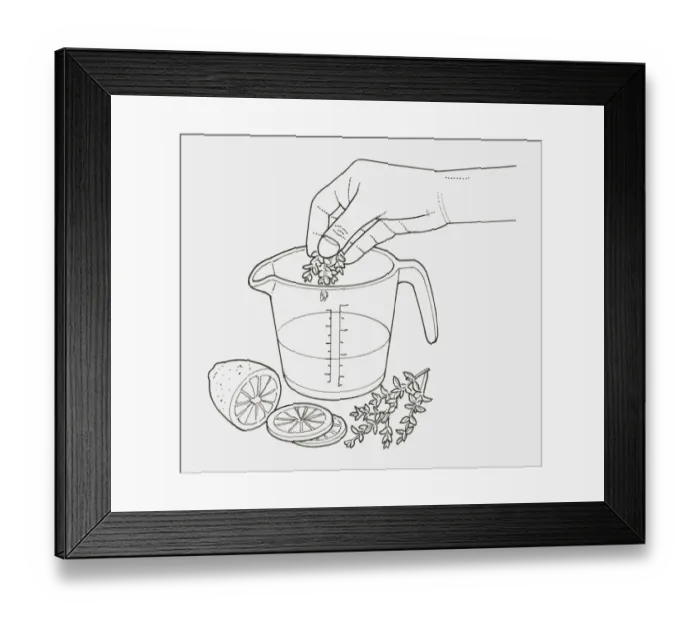 Framed Print : Black and white illustration of hand adding thyme to heatproof jug of water, slices of lemon and sprigs of thyme nearby (making a deodorizer) Framed Print : Black and white illustration of hand adding thyme to heatproof jug of water, slices of lemon and sprigs of thyme nearby (making a deodorizer)