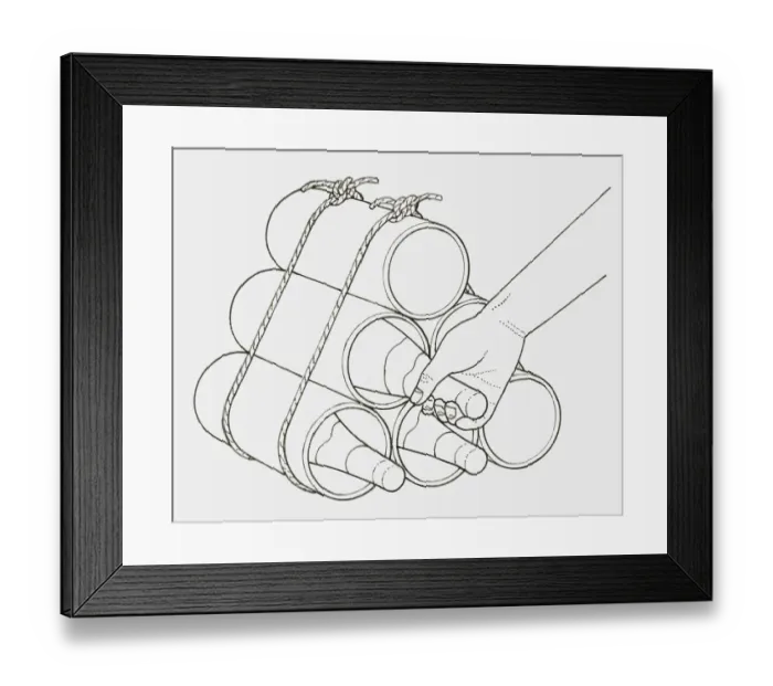 Framed Print : Black and white illustration of a wine rack made from plastic drain pipes and ropes, hand seen removing a bottle Framed Print : Black and white illustration of a wine rack made from plastic drain pipes and ropes, hand seen removing a bottle