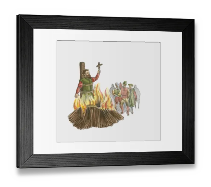 Framed Print : Illustration of man holding cross being burned to death at stake during 16th Century Reformation in Europe Framed Print : Illustration of man holding cross being burned to death at stake during 16th Century Reformation in Europe