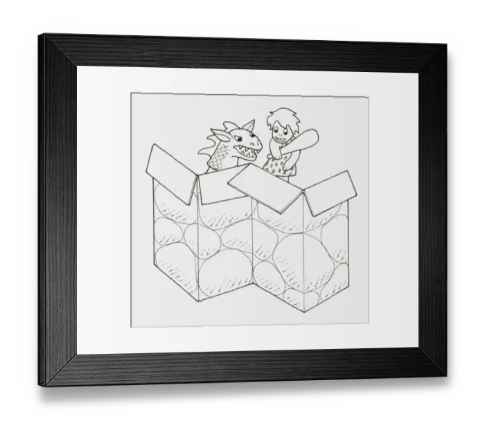 Framed Print : Black and white illustration of dragon and stone age girl hand puppets behind a cardboard screen Framed Print : Black and white illustration of dragon and stone age girl hand puppets behind a cardboard screen