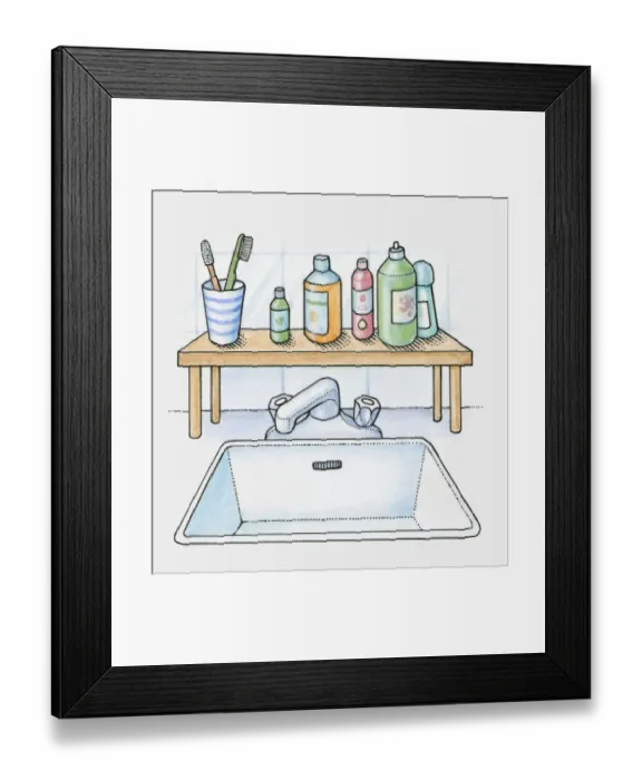 Framed Print : A shelf over a sink holding bottles and toothbrushes