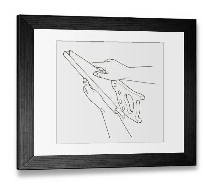 Framed Print : Black and white illustration of hand placing saw in protective cover