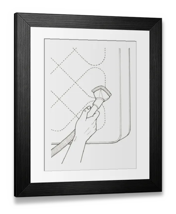 Framed Print : Black and white illustration of hand cleaning mattress with vacuum cleaner
