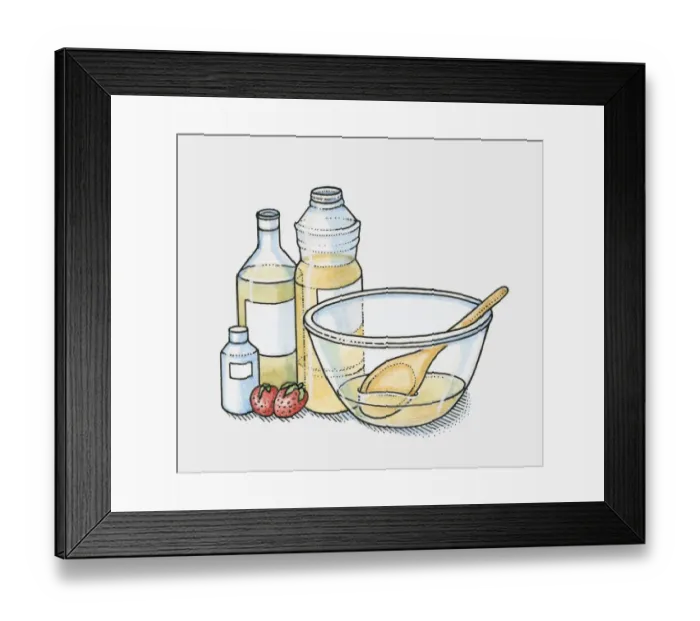 Framed Print : Bottles of olive oil, vegetable oil and coconut oil and two strawberries by a mixing bowl (making moisturiser) Framed Print : Bottles of olive oil, vegetable oil and coconut oil and two strawberries by a mixing bowl (making moisturiser)