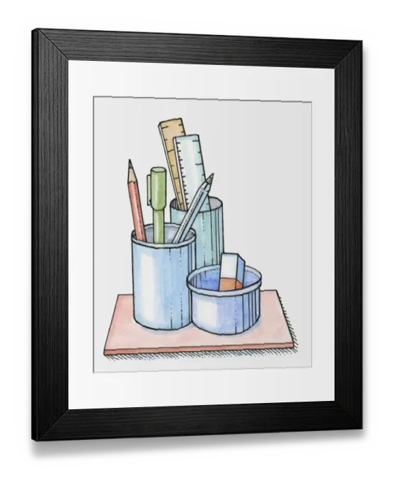 Framed Print : Pens, eraser and rulers in pen holders Framed Print : Pens, eraser and rulers in pen holders