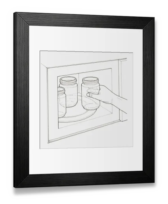 Framed Print : Black and white illustration of hand placing glass jars into microwave to sterilise them Framed Print : Black and white illustration of hand placing glass jars into microwave to sterilise them