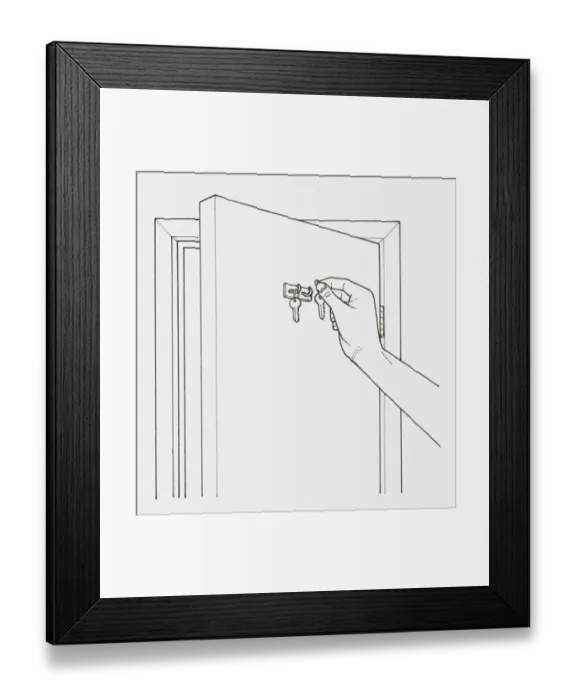 Framed Print : Black and white illustration of hand hanging keys on hooks fixed to the back of a door Framed Print : Black and white illustration of hand hanging keys on hooks fixed to the back of a door
