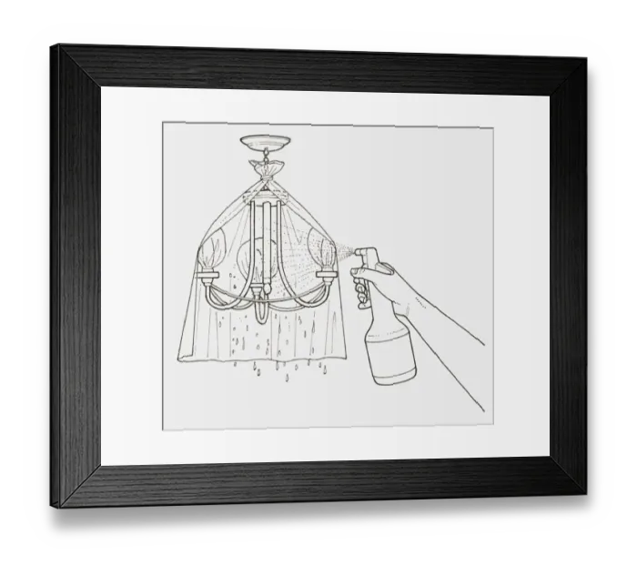 Framed Print : Black and white illustration of hand cleaning a chandelier with spray can, plastic bags tied over bulbs and a plastic sheet tied to the light for protection