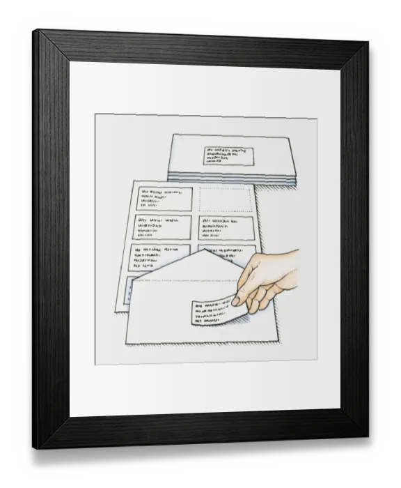 Framed Print : Hand sticking pre-printed address labels on envelopes