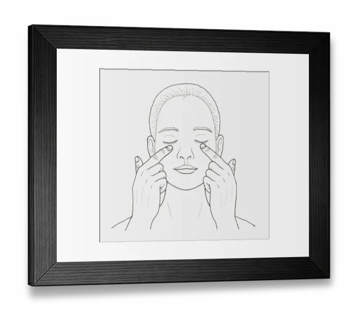 Framed Print : Black and white illustration of woman massaging skin under her eyes with her fingers