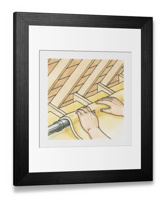 Framed Print : Insulation material being wrapped around pipes in the loft of a house Framed Print : Insulation material being wrapped around pipes in the loft of a house
