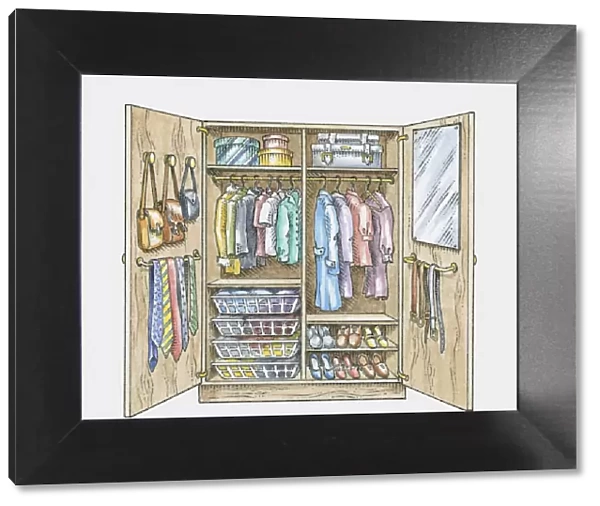 Open wardrobe showing a mirror, clothes, shoes, suitcases, bags and boxes arranged in order