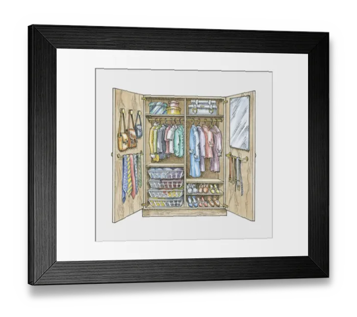 Framed Print : Open wardrobe showing a mirror, clothes, shoes, suitcases, bags and boxes arranged in order Framed Print : Open wardrobe showing a mirror, clothes, shoes, suitcases, bags and boxes arranged in order