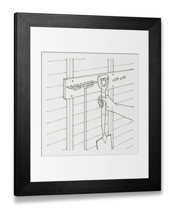 Framed Print : Black and white illustration of hand hanging garden spade next to rake on hooks in a shed Framed Print : Black and white illustration of hand hanging garden spade next to rake on hooks in a shed