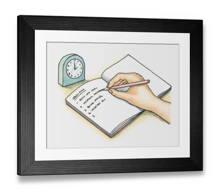 Framed Print : Making a list of tasks in a notebook with a clock to estimate timings Framed Print : Making a list of tasks in a notebook with a clock to estimate timings