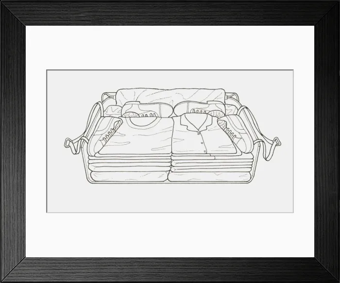 Framed Print : Black and white illustration of suitcase packed efficiently with items folded and arranged to maximise space Framed Print : Black and white illustration of suitcase packed efficiently with items folded and arranged to maximise space